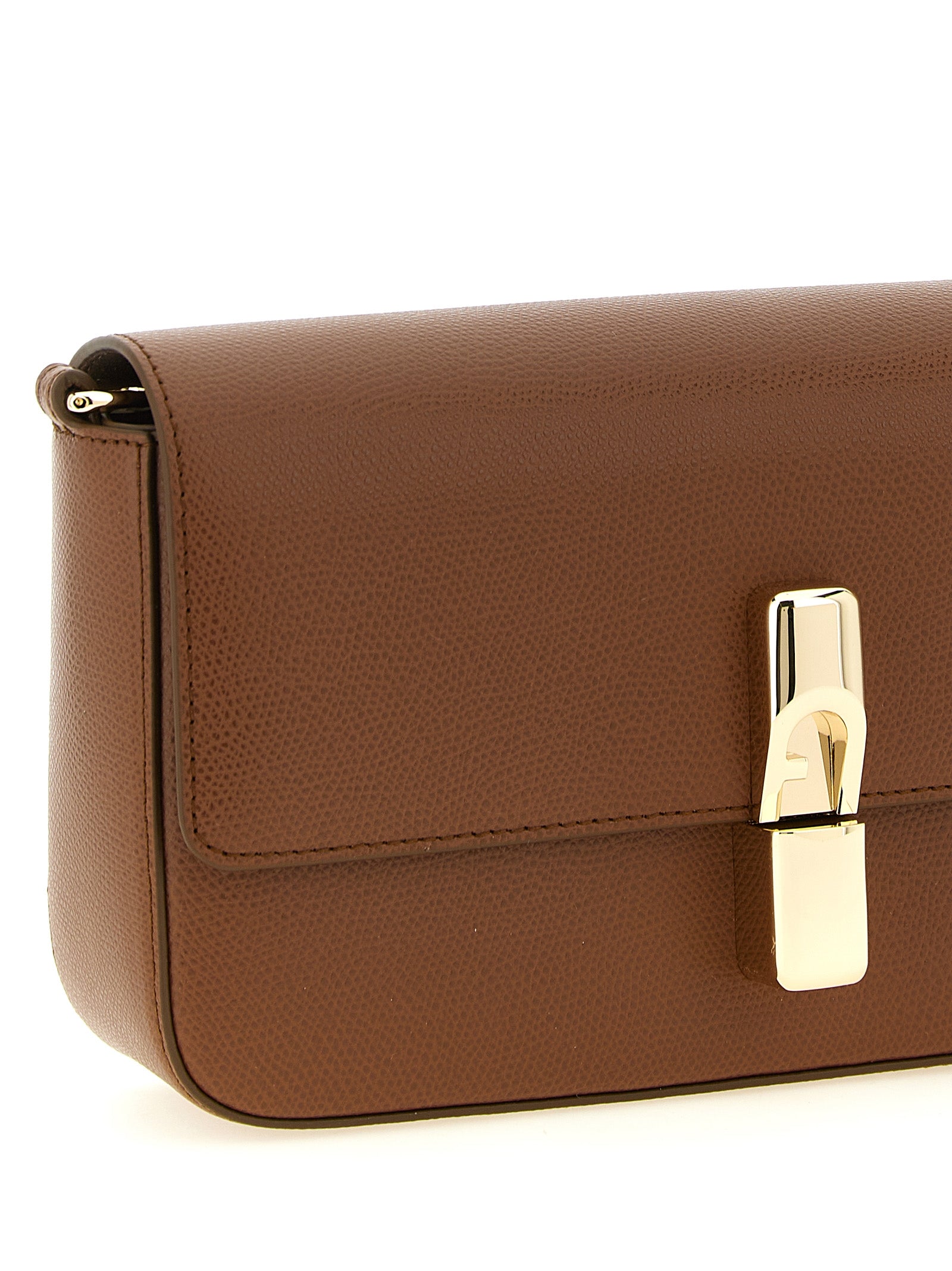 Crossbody Pouch Handbag by Furla for women in bos taurus calfskin leather brown & gold features an versatile silhouette, showcasing a secure flap and versatile with versatile crossbody-strap & adjustable-strap for a versatile finish.