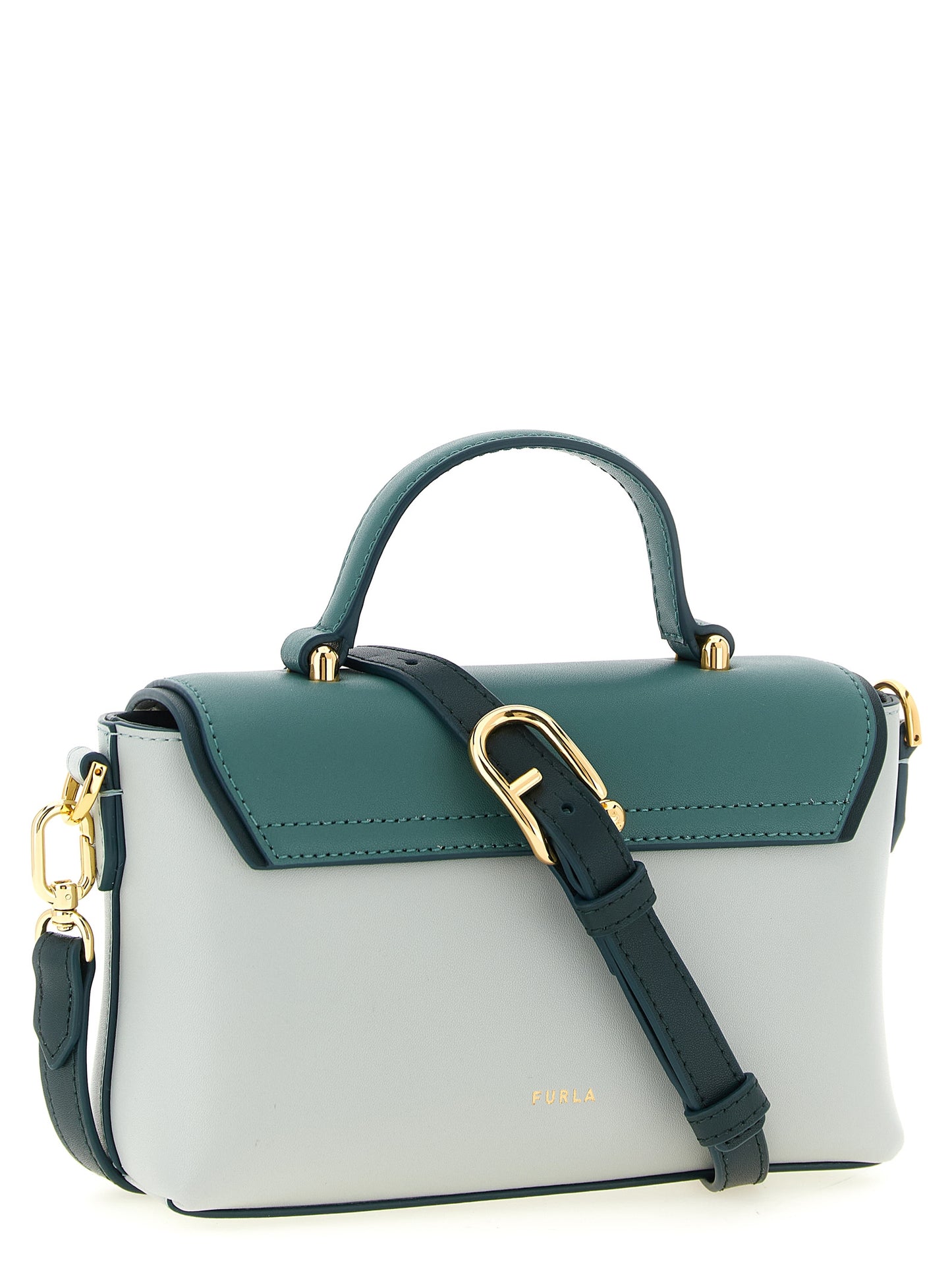This Handbag by Furla for women in calfskin leather and bicolour, gold & green presents a sculptural silhouette featuring a secure magnetic, ample , and versatile shoulder-strap & handle for a sculptural finish.