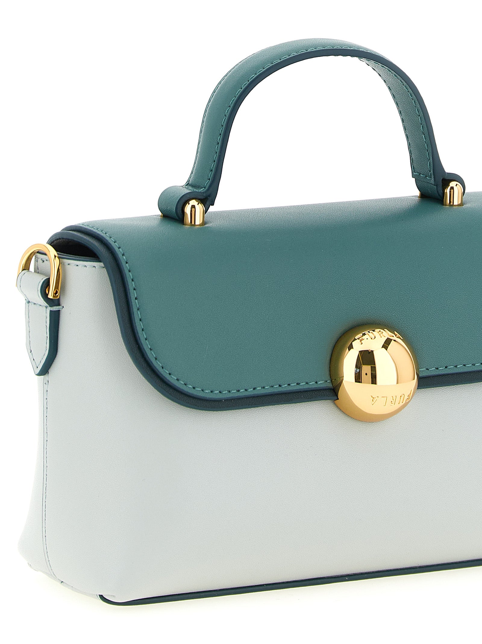 Handbag by Furla for women in calfskin leather bicolour, gold & green features a ornamental silhouette, showcasing a secure magnetic, ample , and ornamental shoulder-strap & handle for a sophisticated look.