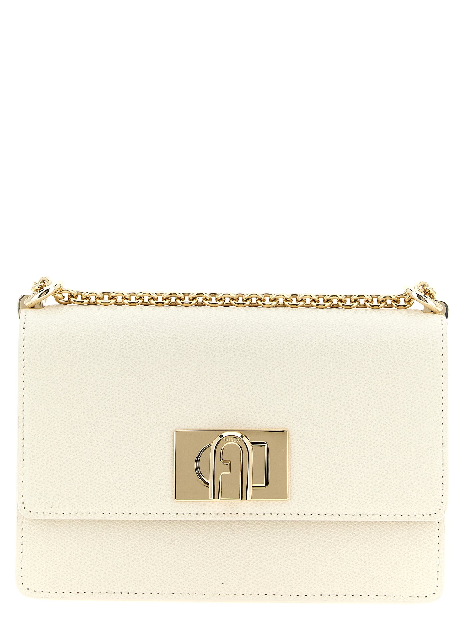 Mini 2-in-1 Shoulder & Crossbody Handbag by Furla for women in calfskin leather gold & white features a transformative sophistication silhouette, showcasing a secure turn-lock, ample , and versatile crossbody-strap & shoulder-strap for a transformative sophistication look.