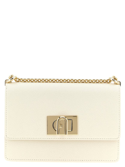 Mini 2-in-1 Shoulder & Crossbody Handbag by Furla for women in calfskin leather gold & white features a transformative sophistication silhouette, showcasing a secure turn-lock, ample , and versatile crossbody-strap & shoulder-strap for a transformative sophistication look.