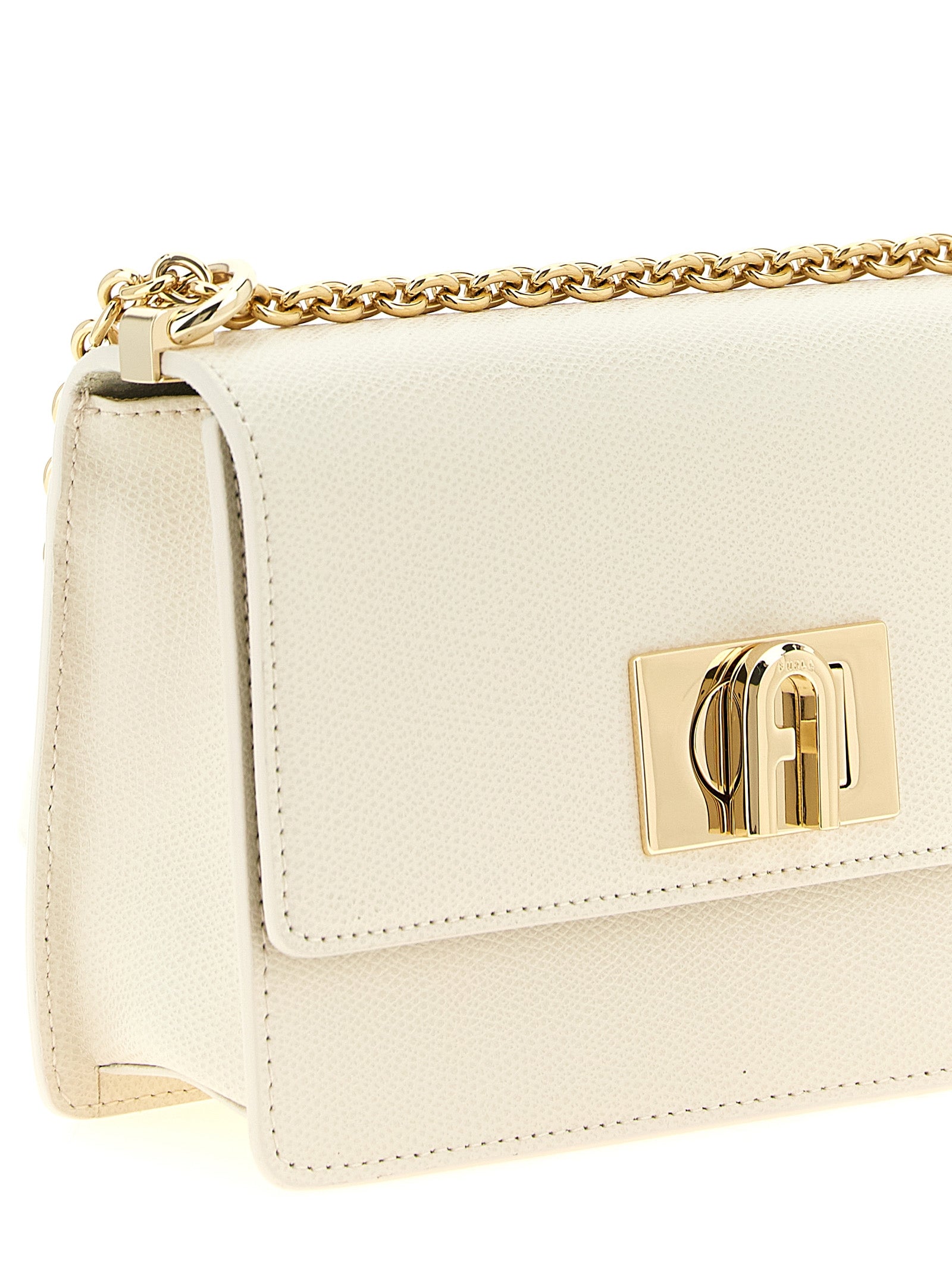 Mini 2-in-1 Shoulder & Crossbody Handbag by Furla for women in calfskin leather gold & white features an multi-faceted design with a secure turn-lock, ample , and versatile crossbody-strap & shoulder-strap for a multi-faceted finish.