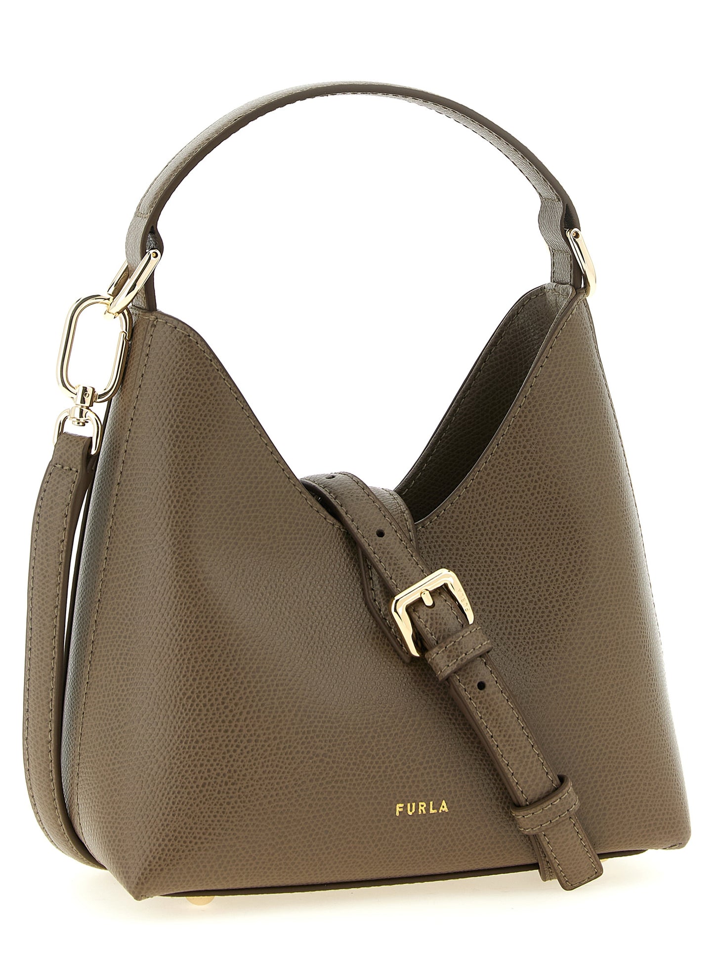Mini Hobo Handbag by Furla for women in bos taurus calfskin leather bicolour, gold & green features a refined silhouette, showcasing a secure , organized , and versatile shoulder-strap & handle for a refined finish.