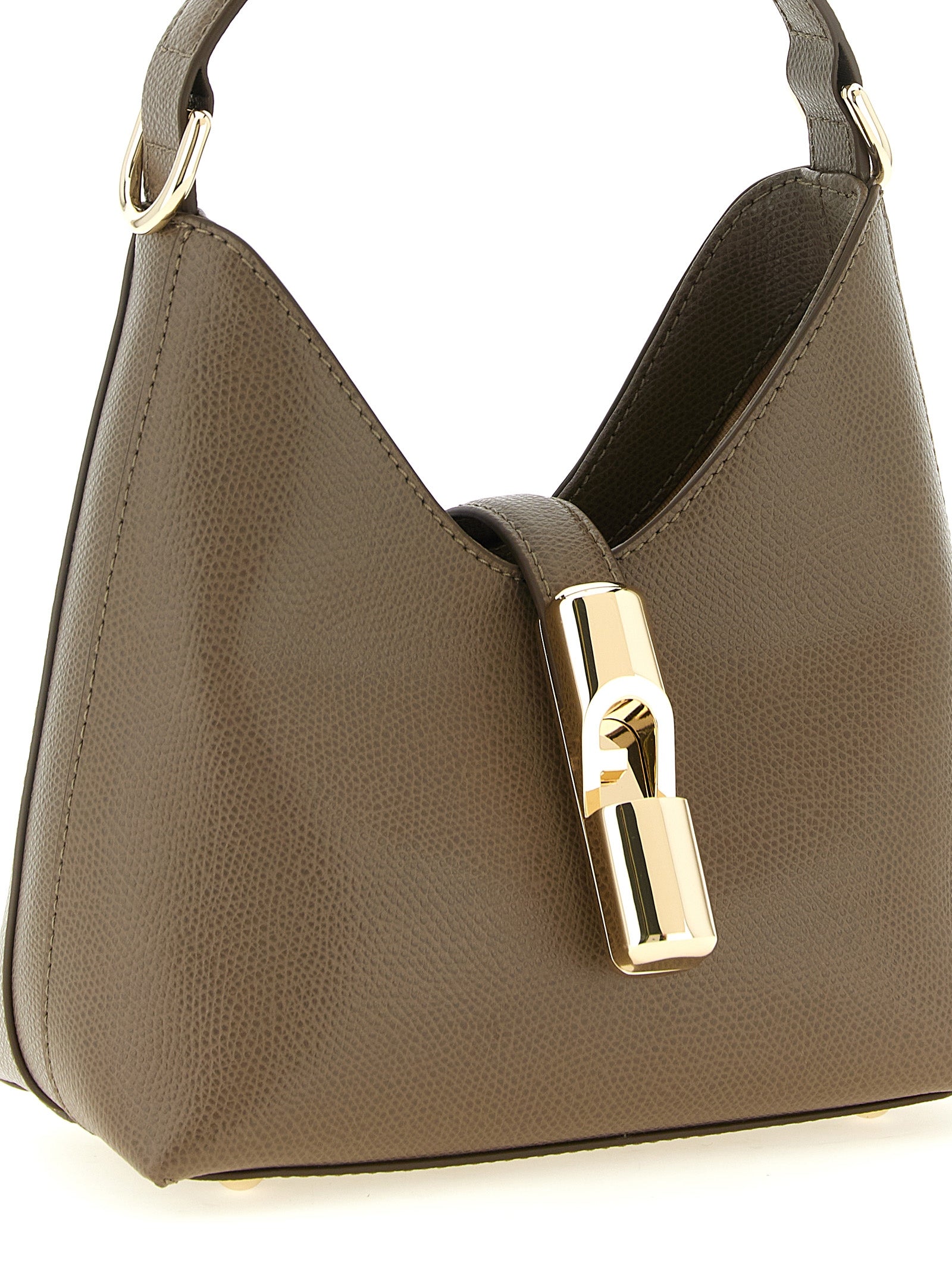 This Mini Hobo Handbag by Furla for women in bos taurus calfskin leather and bicolour, gold & green presents a sculptural silhouette featuring a secure , ample , and versatile shoulder-strap & handle for a sculptural finish.