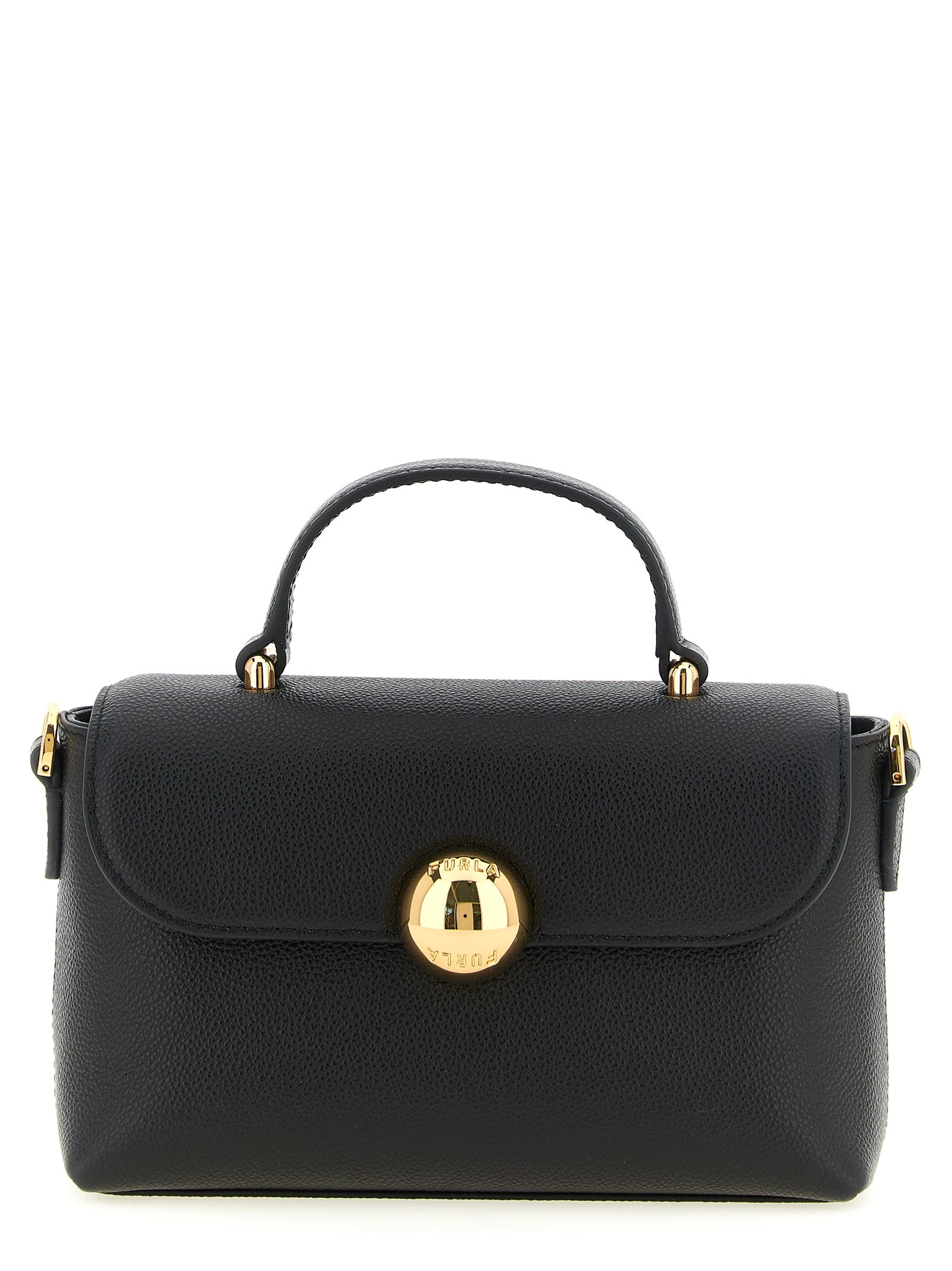 Handbag by Furla for women in calfskin leather & cotton black, gold & signature features a refined silhouette, showcasing a secure , organized , and versatile shoulder-strap, handle & adjustable-strap for a refined finish.