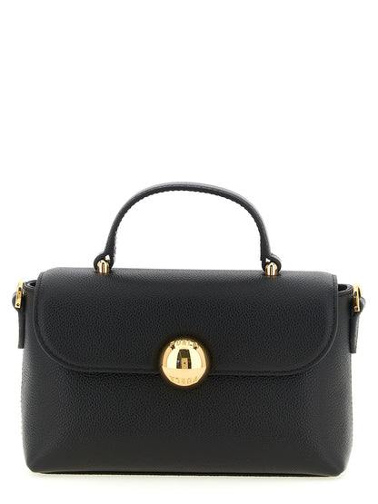 Handbag by Furla for women in calfskin leather & cotton black, gold & signature features a refined silhouette, showcasing a secure , organized , and versatile shoulder-strap, handle & adjustable-strap for a refined finish.