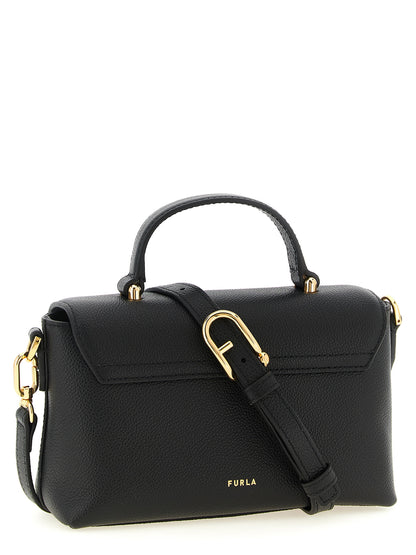 Handbag by Furla for women in calfskin leather & cotton black, gold & signature presents a ornamental silhouette, showcasing a secure , ample , and versatile shoulder-strap, handle & adjustable-strap for a ornamental finish.
