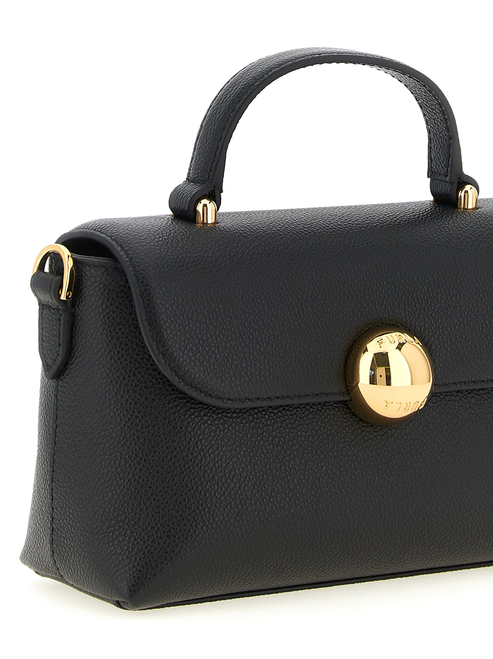Handbag by Furla for women in calfskin leather & cotton black, gold & signature features an refined silhouette, showcasing a secure , ample , and versatile shoulder-strap, handle & adjustable-strap for a sophisticated refined aesthetic.