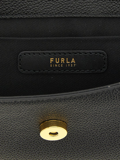Handbag by Furla for women in calfskin leather & cotton black, gold & signature features a exquisite silhouette, showcasing a secure and exquisite with versatile shoulder-strap, handle & adjustable-strap for a exquisite finish.