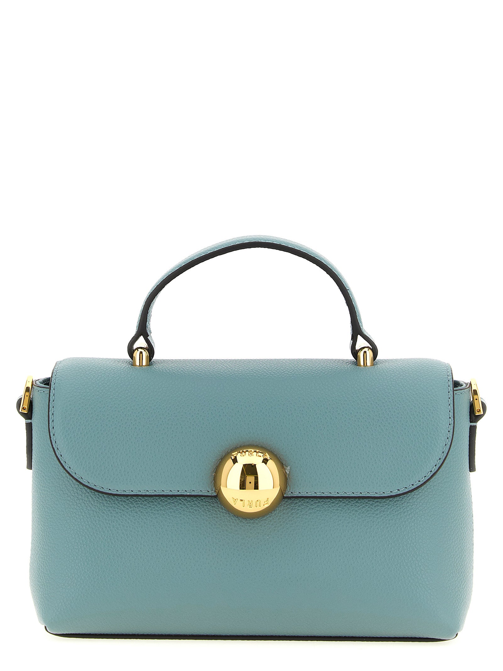 Compact Flap Handbag by Furla for women in calfskin leather gold & light-blue features a ornamental silhouette, showcasing a secure flap & magnetic, ample , and ornamental handle for a sophisticated look.