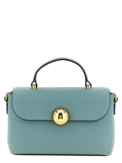 Compact Flap Handbag by Furla for women in calfskin leather gold & light-blue features a ornamental silhouette, showcasing a secure flap & magnetic, ample , and ornamental handle for a sophisticated look.