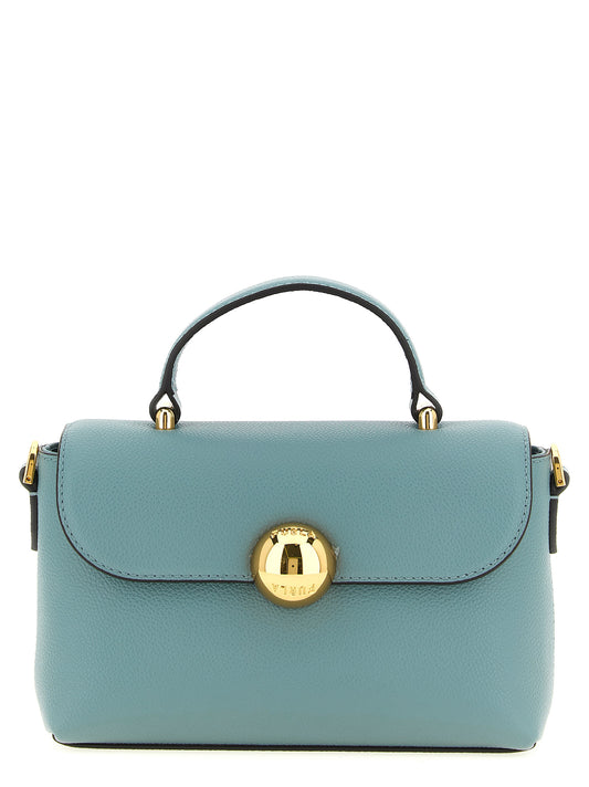 Compact Flap Handbag by Furla for women in calfskin leather gold & light-blue features a ornamental silhouette, showcasing a secure flap & magnetic, ample , and ornamental handle for a sophisticated look.