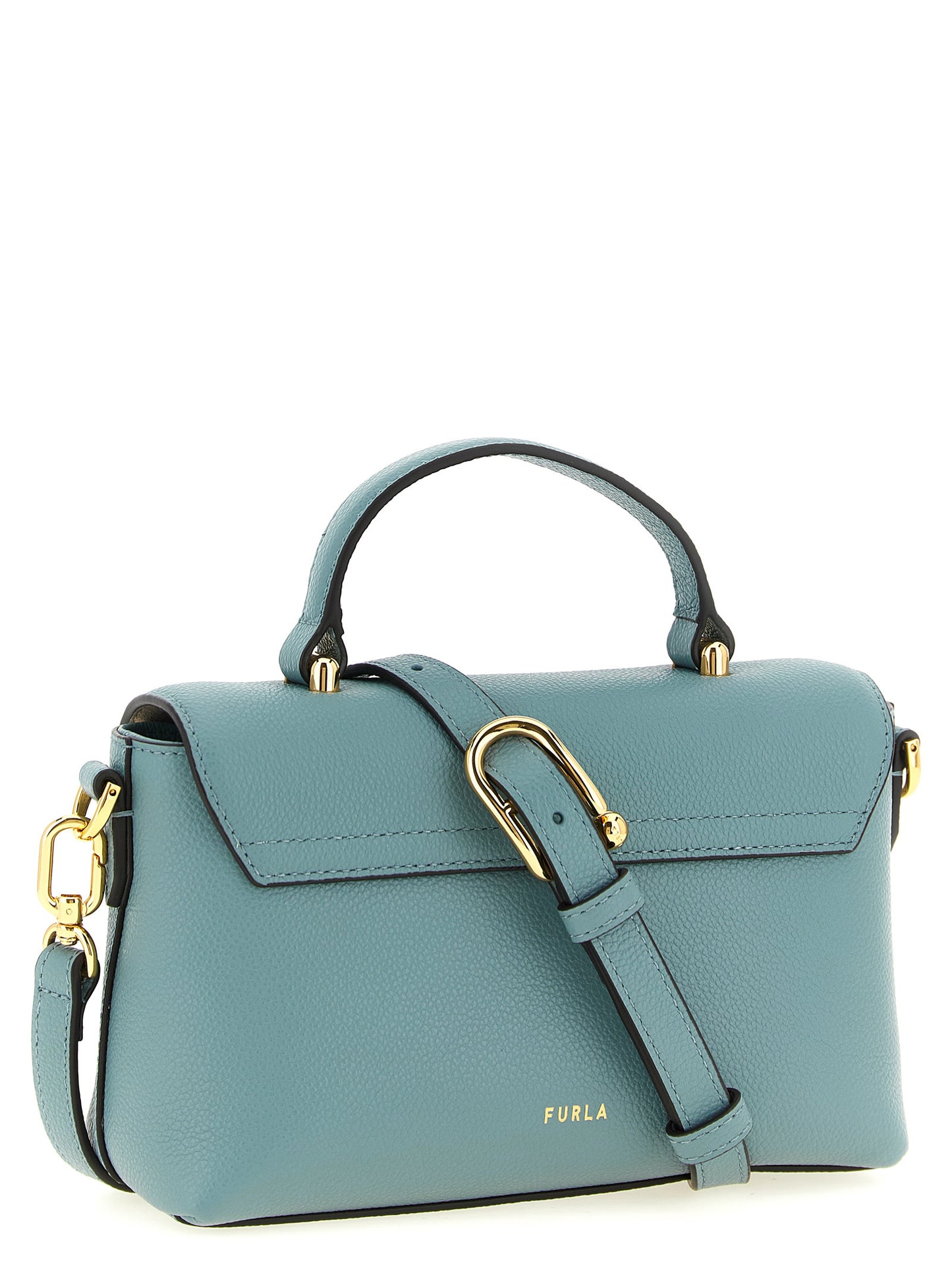 Compact Flap Handbag by Furla for women in calfskin leather gold & light-blue features a signature silhouette, showcasing a secure flap & magnetic and signature with versatile handle for a sophisticated look.
