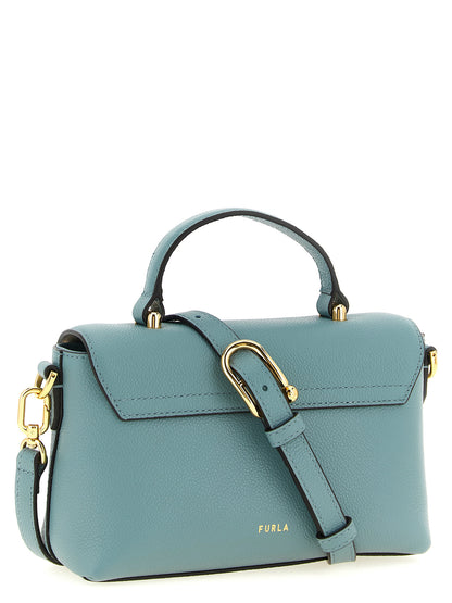 Compact Flap Handbag by Furla for women in calfskin leather gold & light-blue features a signature silhouette, showcasing a secure flap & magnetic and signature with versatile handle for a sophisticated look.