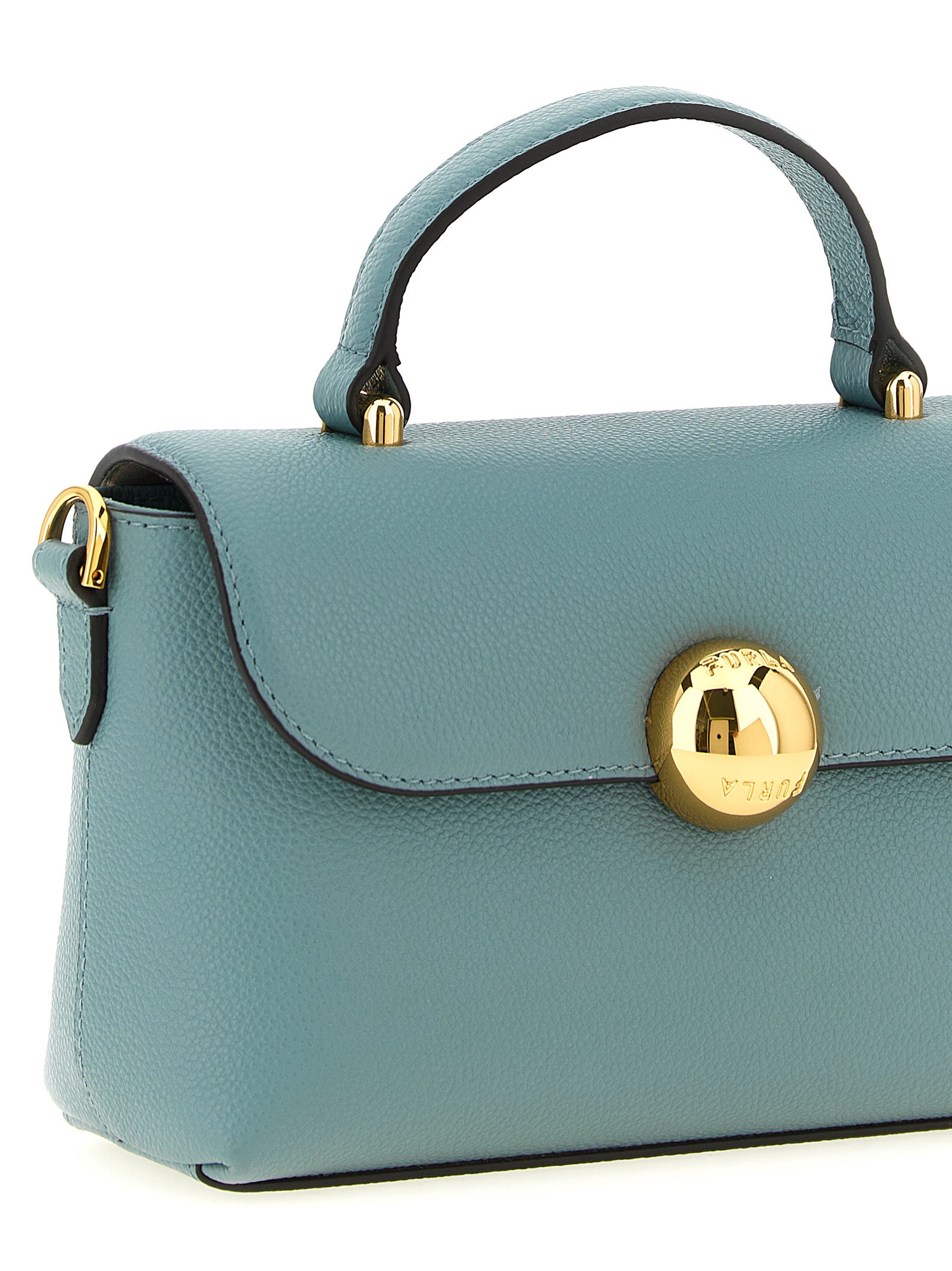 Compact Flap Handbag by Furla for women in calfskin leather gold & light-blue presents a ornamental silhouette, showcasing a secure flap & magnetic, ample , and versatile handle for a ornamental finish.