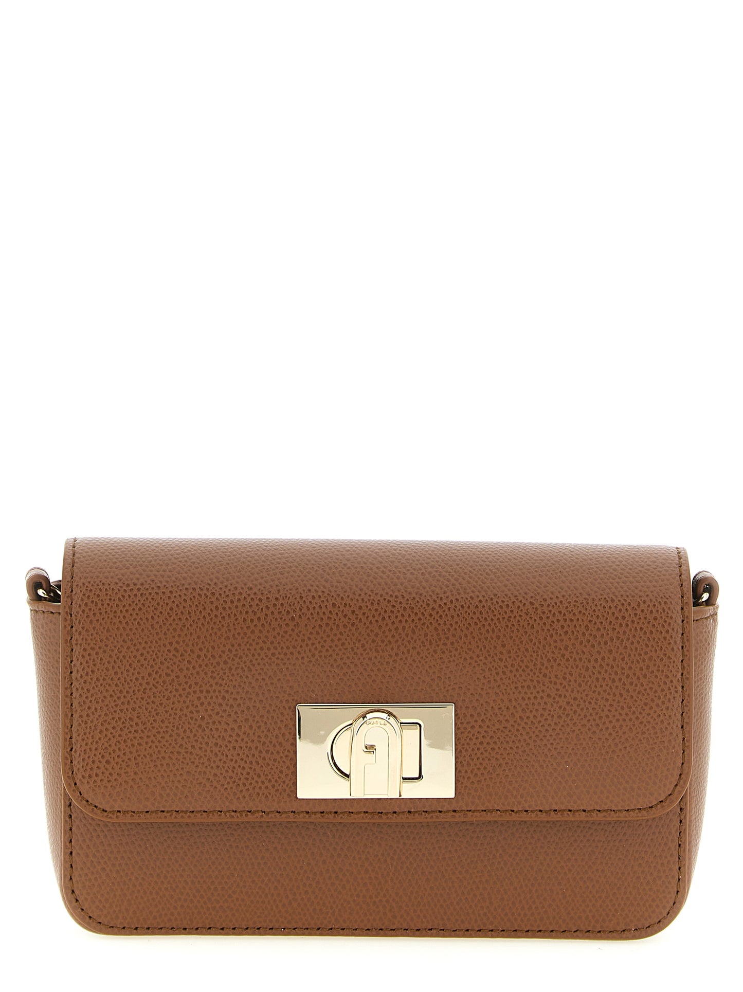 Mini Crossbody Handbag by Furla for women in calfskin leather brown, gold & signature features a transformative sophistication silhouette, showcasing a secure turn-lock, ample , and versatile crossbody-strap & shoulder-strap for a transformative sophistication look.