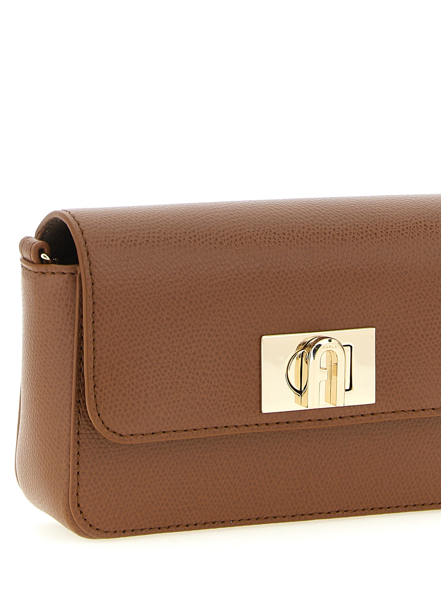 Mini Crossbody Handbag by Furla for women in calfskin leather brown, gold & signature features a versatile chic silhouette, meticulously detailed with a secure turn-lock, ample , and versatile crossbody-strap & shoulder-strap.