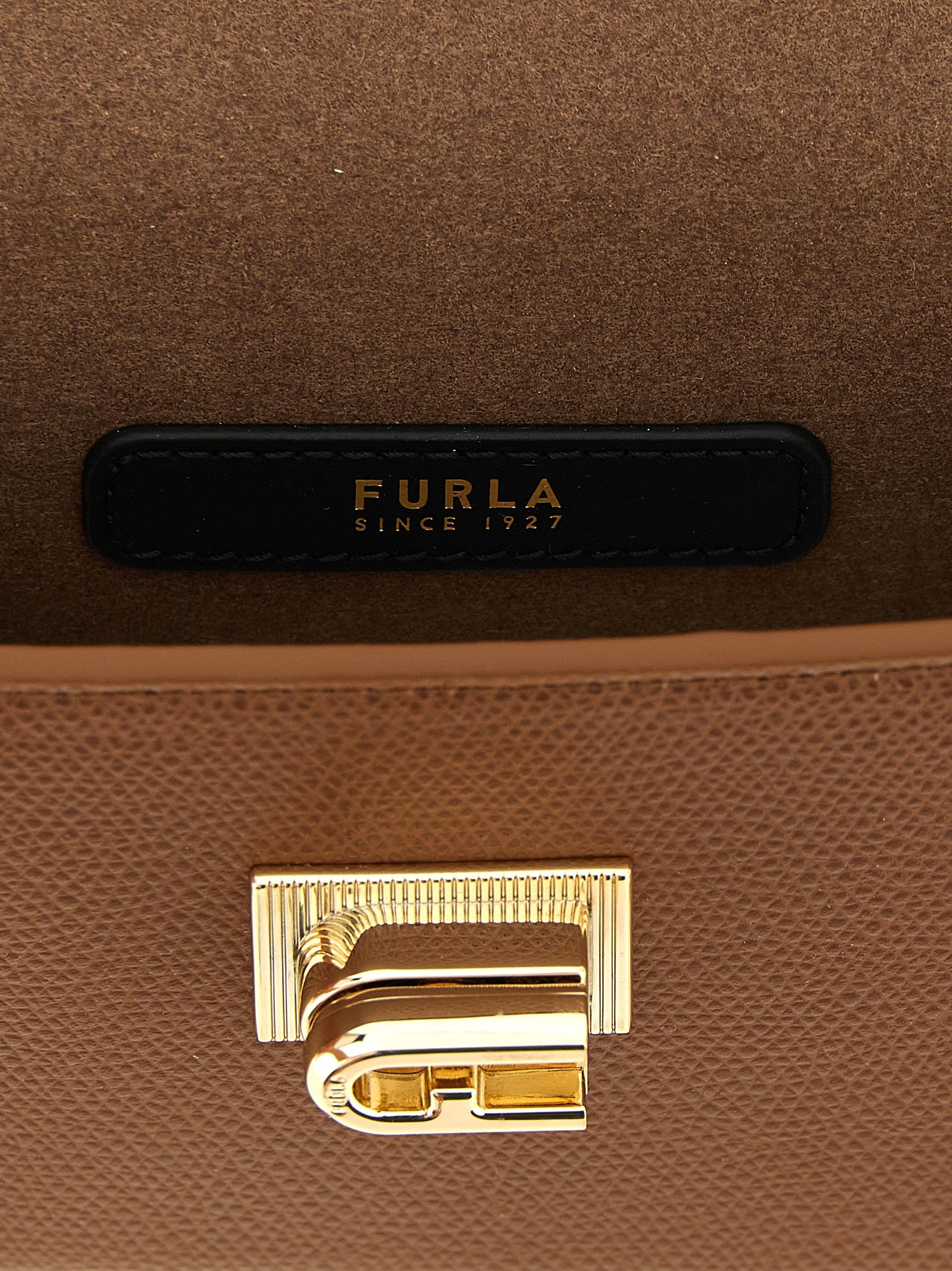 Mini Crossbody Handbag by Furla for women in calfskin leather brown, gold & signature features an versatile silhouette, showcasing a secure turn-lock and versatile with versatile crossbody-strap & shoulder-strap for a versatile finish.