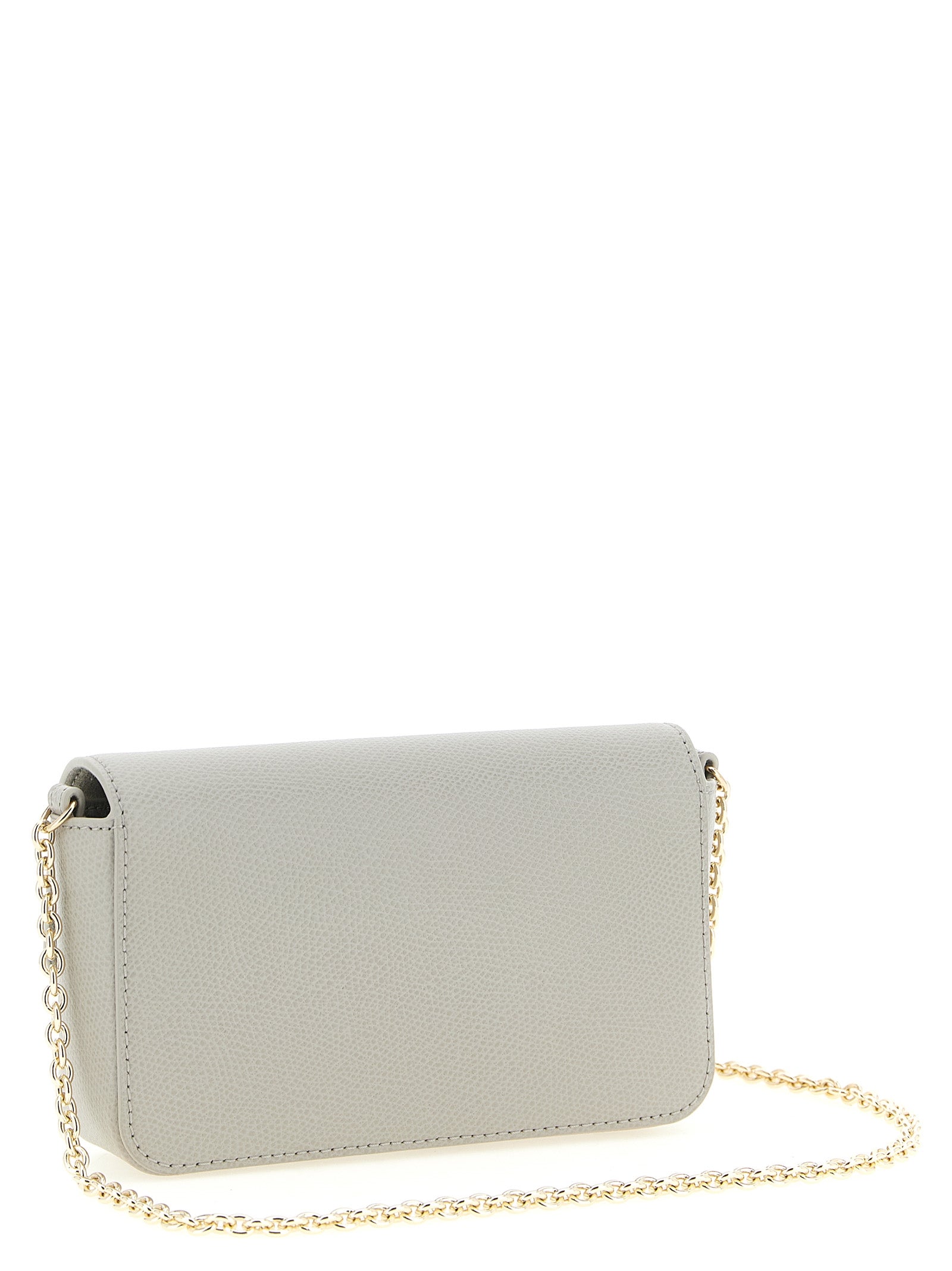 Mini Crossbody Flap Handbag by Furla for women in calfskin leather gray features a versatile chic silhouette, meticulously detailed with a secure flap & turn-lock, ample , and versatile crossbody-strap.