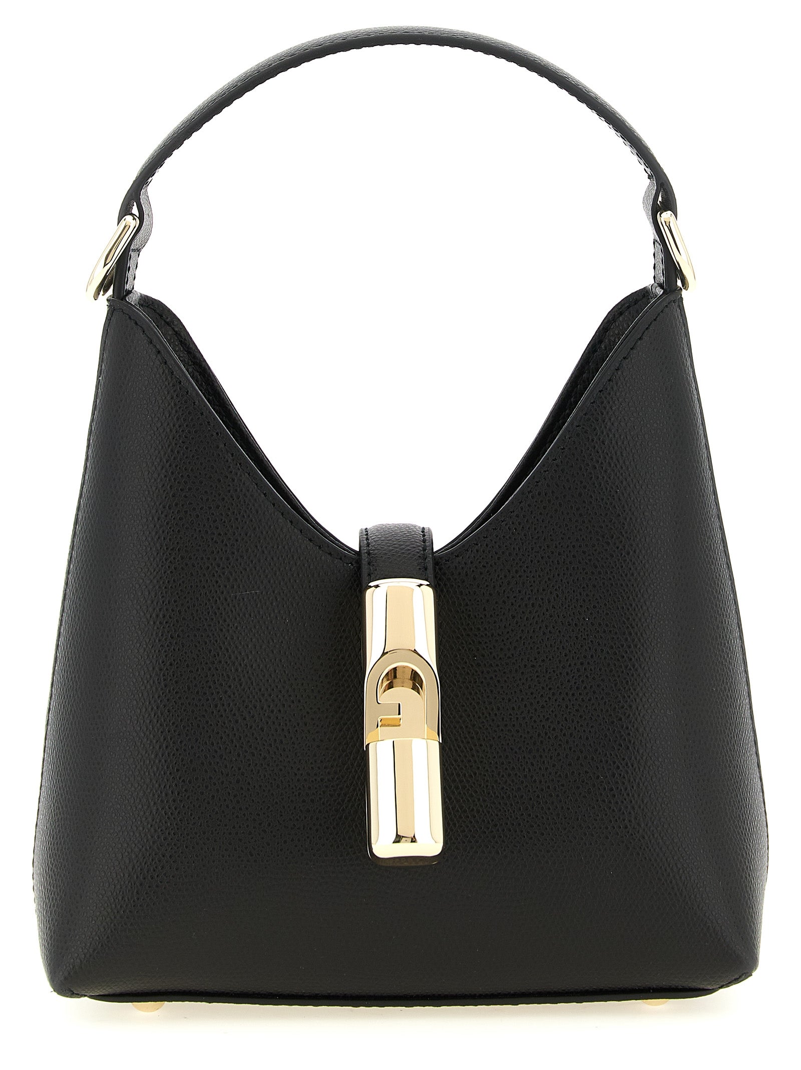 This Mini Handbag by Furla for women in calfskin leather & cotton and black & gold presents a sculptural silhouette featuring a secure zipper & clasp, ample , and versatile shoulder-strap, handle & adjustable-strap for a sculptural finish.