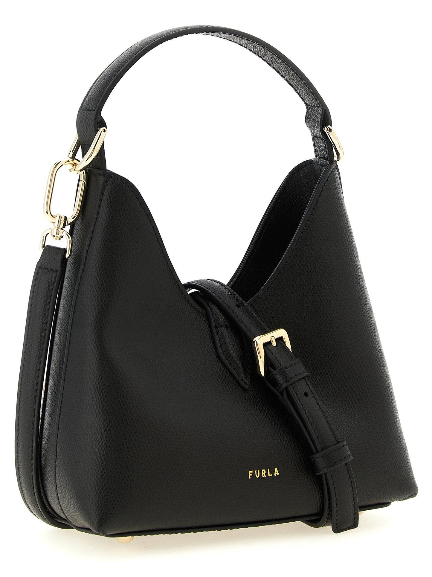Mini Handbag by Furla for women in calfskin leather & cotton black & gold features a signature silhouette, showcasing a secure zipper & clasp and signature with versatile shoulder-strap, handle & adjustable-strap for a sophisticated look.