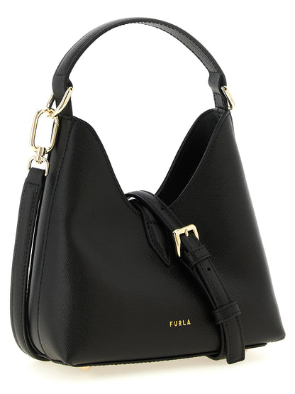 Mini Handbag by Furla for women in calfskin leather & cotton black & gold features a signature silhouette, showcasing a secure zipper & clasp and signature with versatile shoulder-strap, handle & adjustable-strap for a sophisticated look.