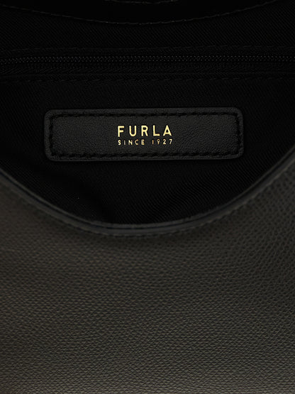 Mini Handbag by Furla for women in calfskin leather & cotton black & gold features a ornamental silhouette, showcasing a secure zipper & clasp, ample , and ornamental shoulder-strap, handle & adjustable-strap for a sophisticated look.