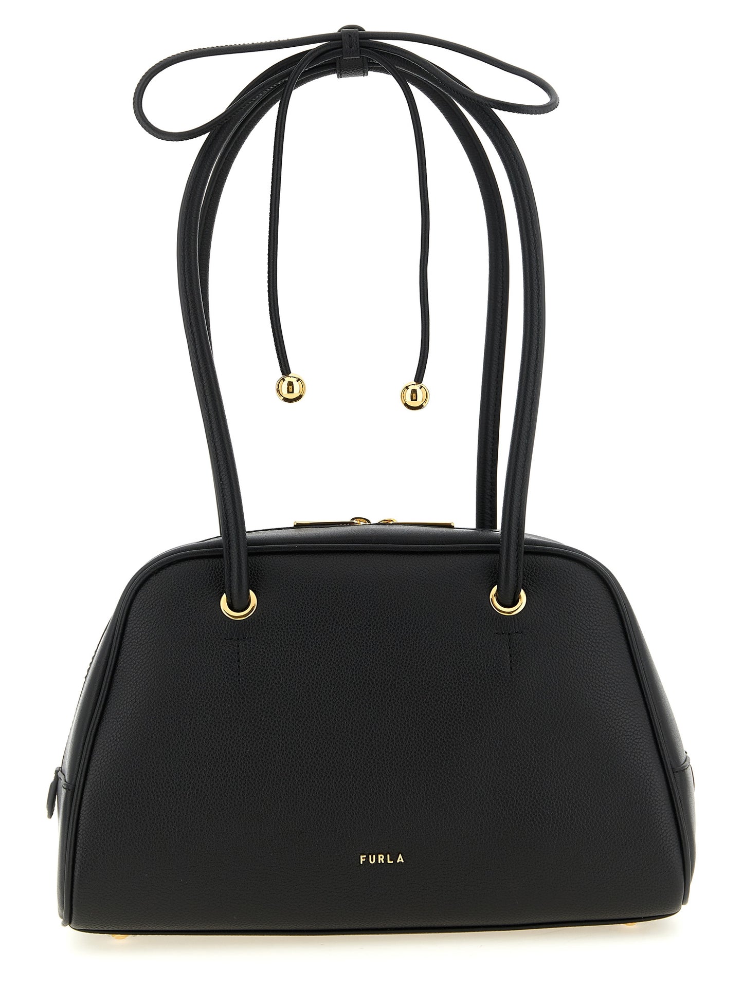 Dome Handbag by Furla for women in calfskin leather black & gold features a ornamental silhouette, showcasing a secure zipper, ample , and ornamental handle for a sophisticated look.