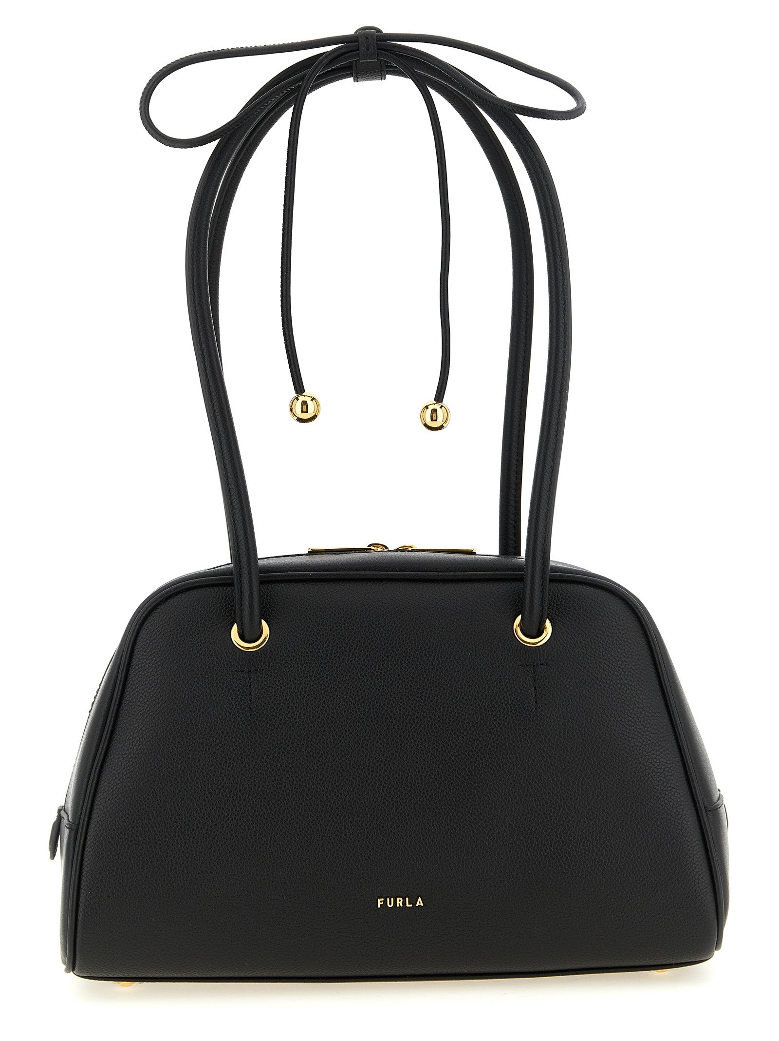 Dome Handbag by Furla for women in calfskin leather black & gold features a ornamental silhouette, showcasing a secure zipper, ample , and ornamental handle for a sophisticated look.