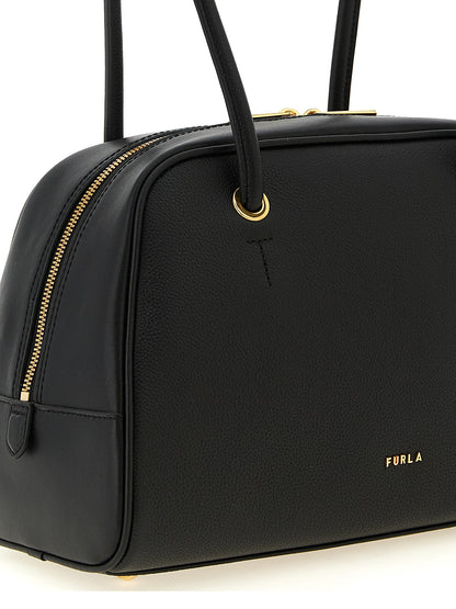 Dome Handbag by Furla for women in calfskin leather black & gold features a signature silhouette, showcasing a secure zipper and signature with versatile handle for a sophisticated look.