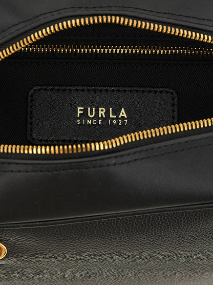 This Dome Handbag by Furla for women in calfskin leather and black & gold presents a sculptural silhouette featuring a secure zipper, ample , and versatile handle for a sculptural finish.