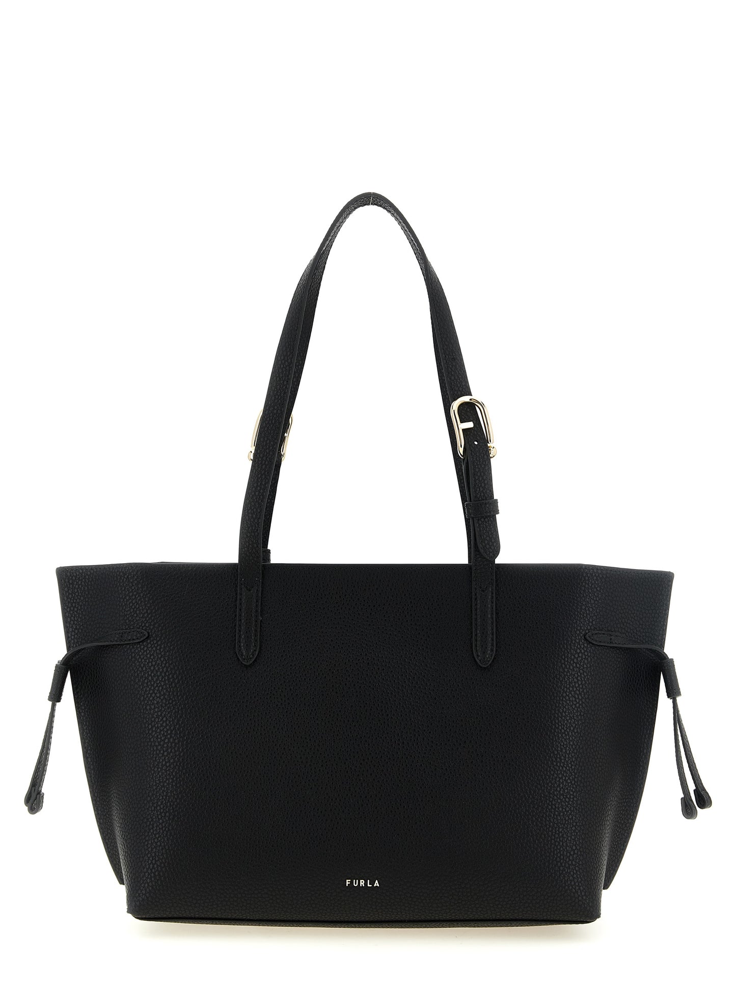 This Tote Bag by Furla for women in calfskin leather black & gold features an jet-set Ava Calfskin Leather Tote Bag design with a secure zipper & buckle, ample , and jet-set adjustable-strap & handle.
