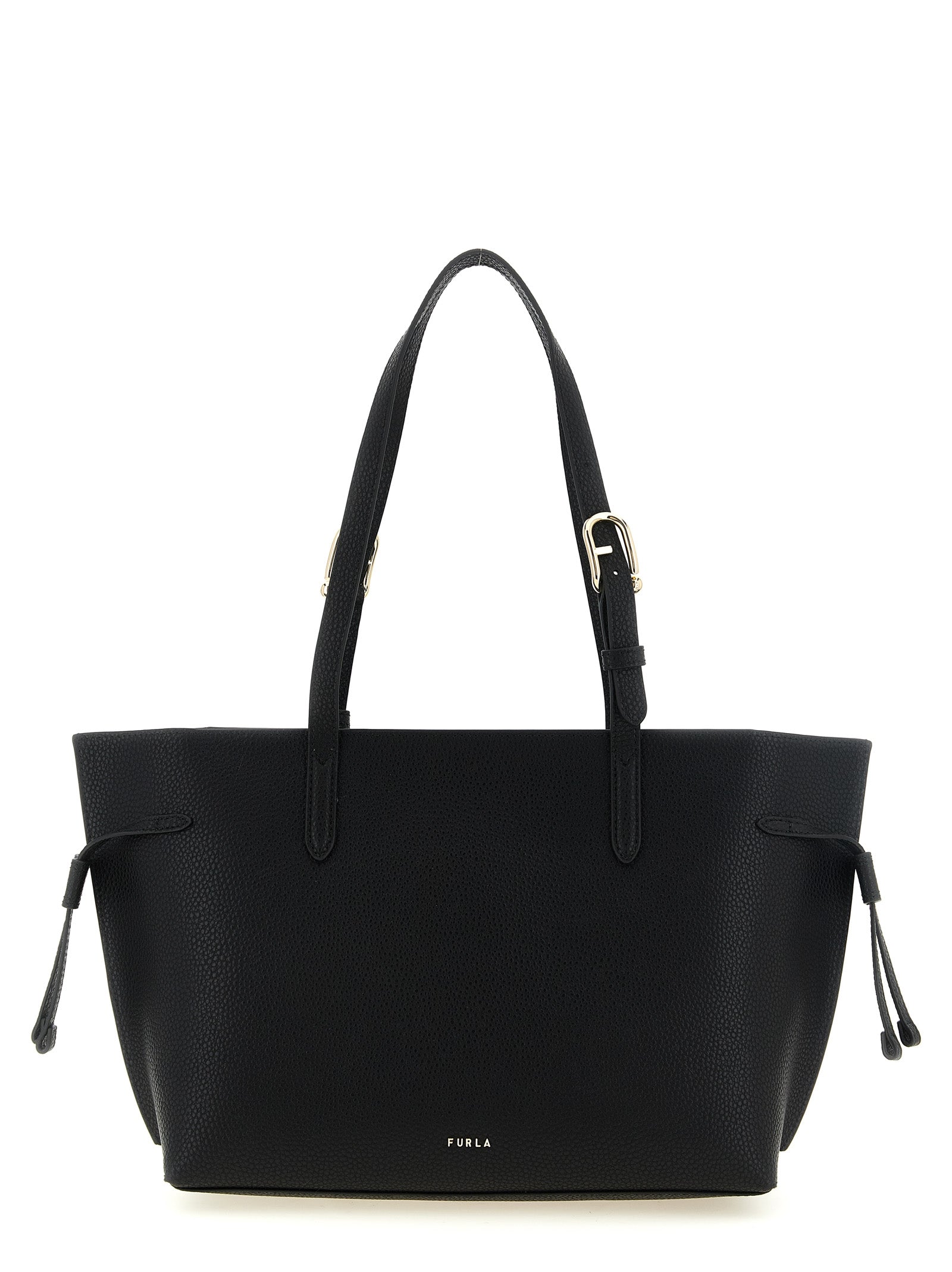 This Tote Bag by Furla for women in calfskin leather black & gold features an jet-set Ava Calfskin Leather Tote Bag design with a secure zipper & buckle, ample , and jet-set adjustable-strap & handle.