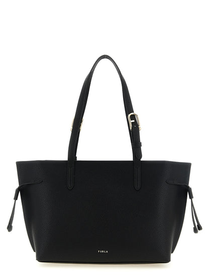 This Tote Bag by Furla for women in calfskin leather black & gold features an jet-set Ava Calfskin Leather Tote Bag design with a secure zipper & buckle, ample , and jet-set adjustable-strap & handle.