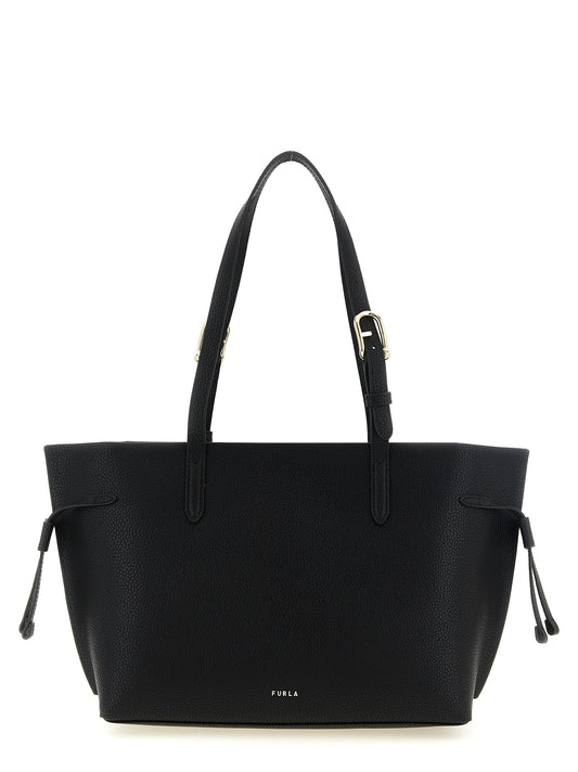 This Tote Bag by Furla for women in calfskin leather black & gold features an jet-set Ava Calfskin Leather Tote Bag design with a secure zipper & buckle, ample , and jet-set adjustable-strap & handle.