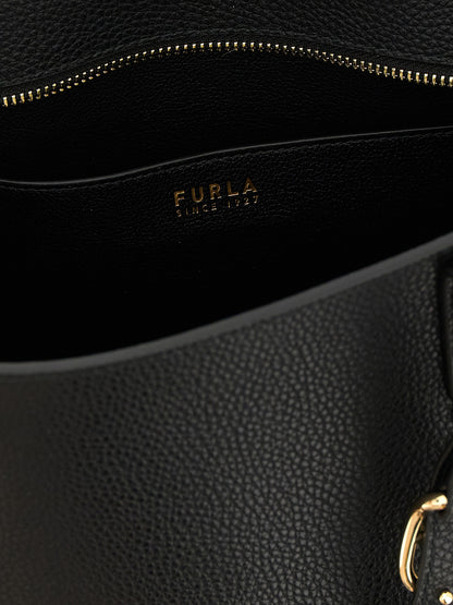 Tote Bag by Furla for women in calfskin leather black & gold features an jet-set-ready silhouette, showcasing the Ava Calfskin Leather Tote Bag design with a secure zipper & buckle, ample , and versatile adjustable-strap & handle.
