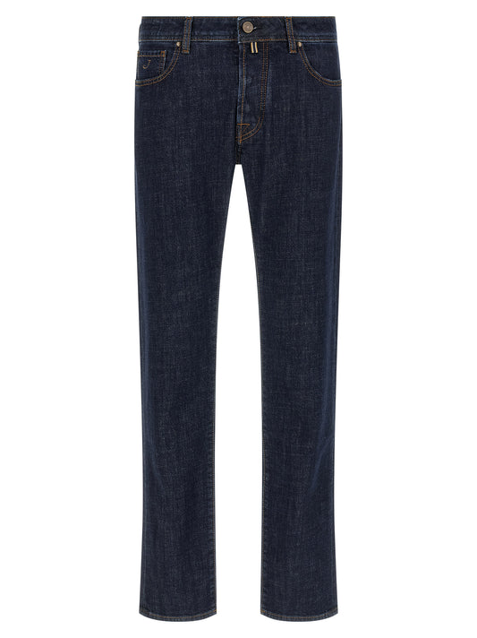 Jeans by Jacob Cohen for men in stretch denim cotton black, blue, indigo & signature presents a refined pantology silhouette, artfully defined by a refined pantology slim, long, and a sophisticated .