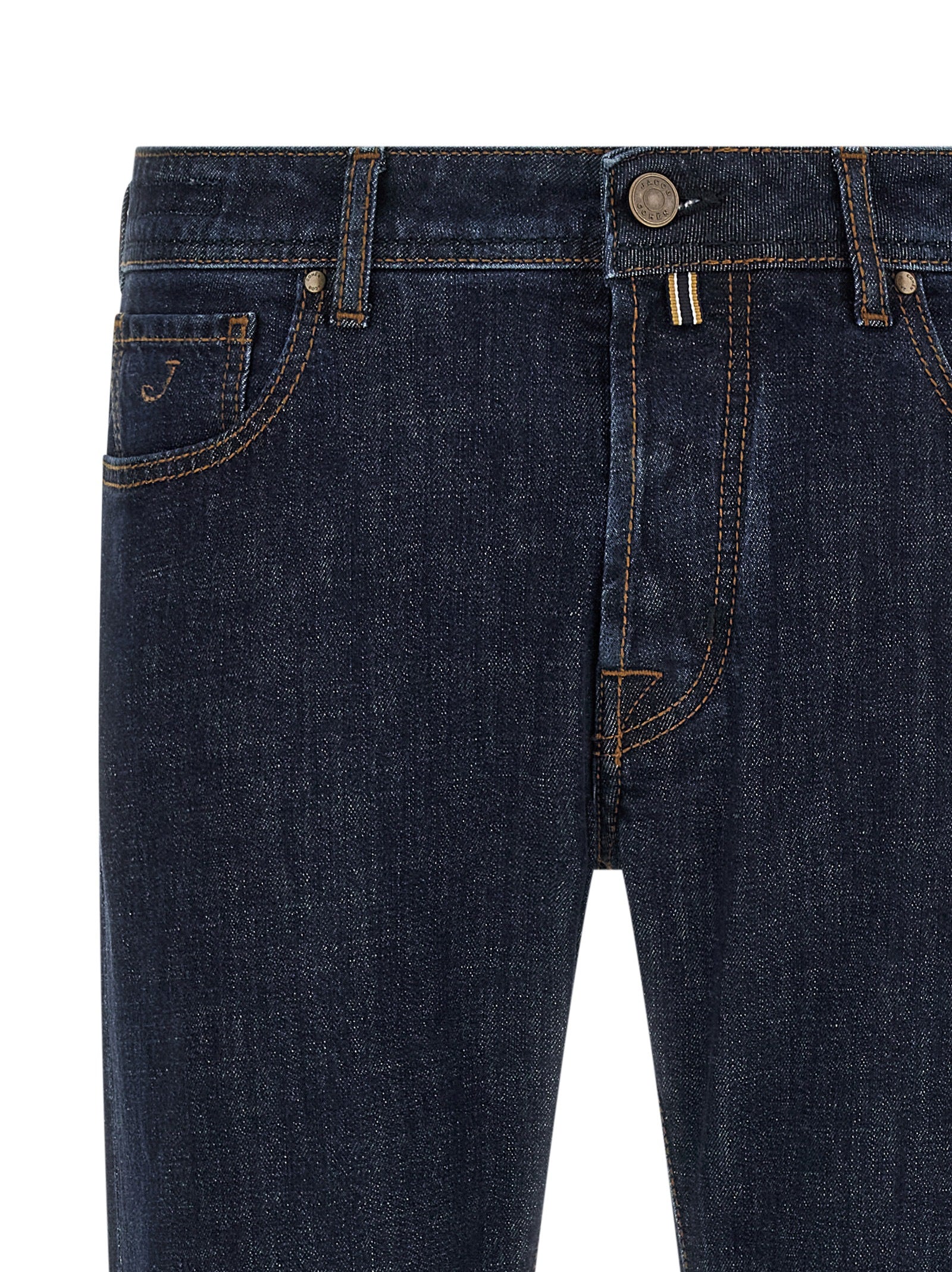 Jeans by Jacob Cohen for men in stretch denim cotton black, blue, indigo & signature presents a tailored silhouette, showcasing a tailored slim and long cut with a refined for a truly tailored aesthetic.