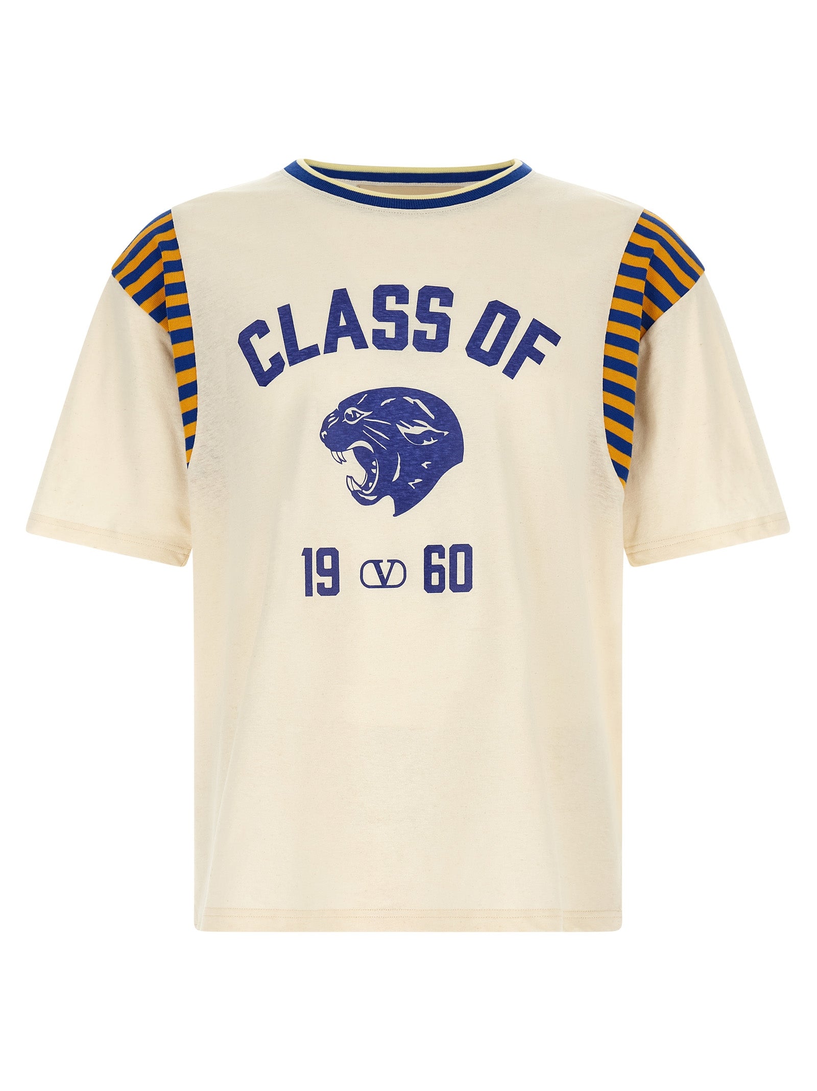 T-Shirt by Valentino Garavani for men in linen & cotton blue, cream, multicolor, yellow, signature & striped features an on trend silhouette, perfectly showcasing a on trend and crew neckline for an elevated aesthetic.