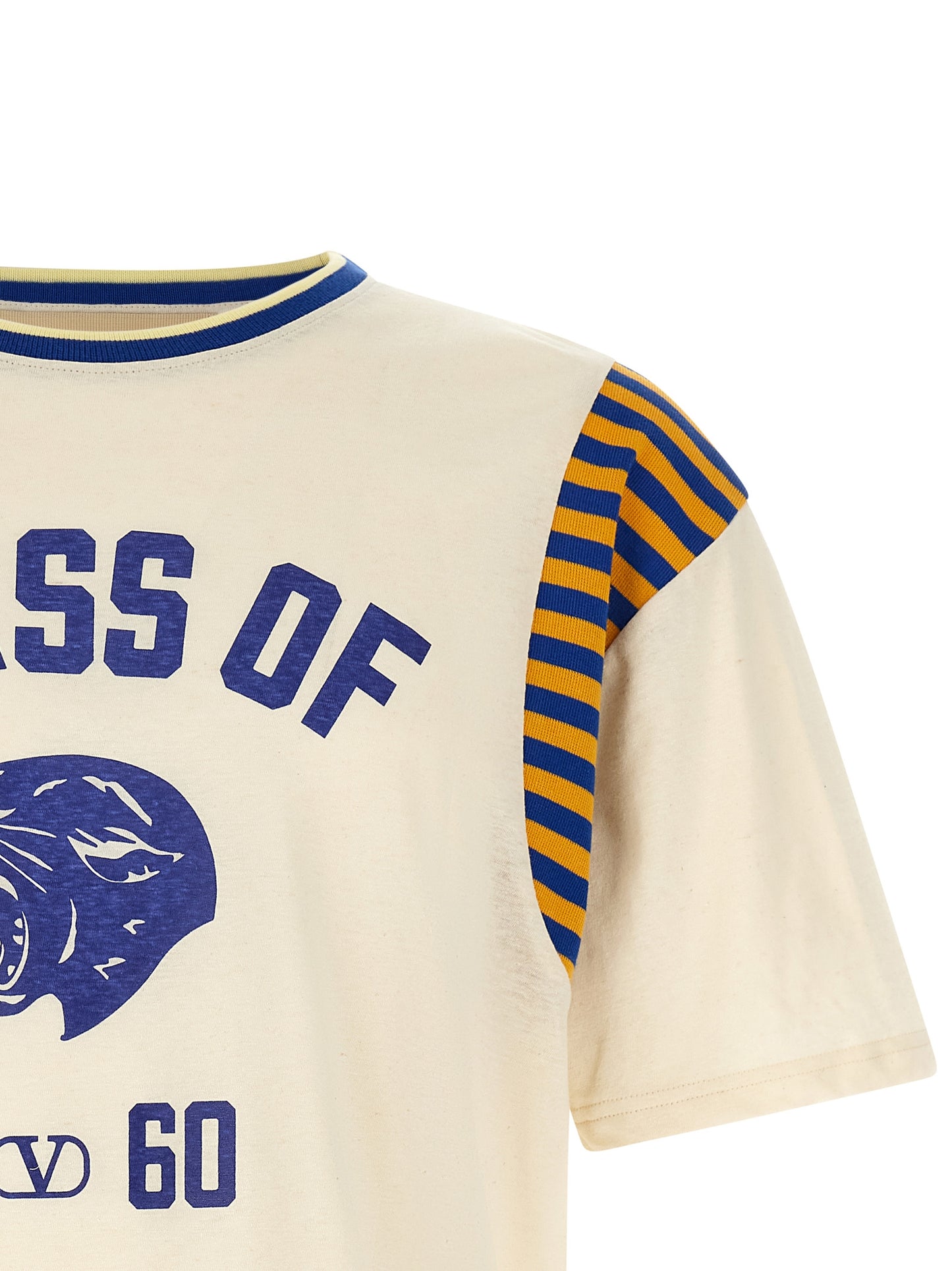 T-Shirt by Valentino Garavani for men in linen & cotton blue, cream, multicolor, yellow, signature & striped showcases a chic silhouette, artfully detailed with a chic crew neckline and for a chic finish.