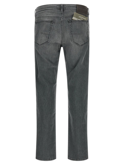 Jeans by Jacob Cohen for men in stretch denim cotton gray & signature features an refined tailoring silhouette, showcasing a premium slim with a and long cut for a refined tailoring look.
