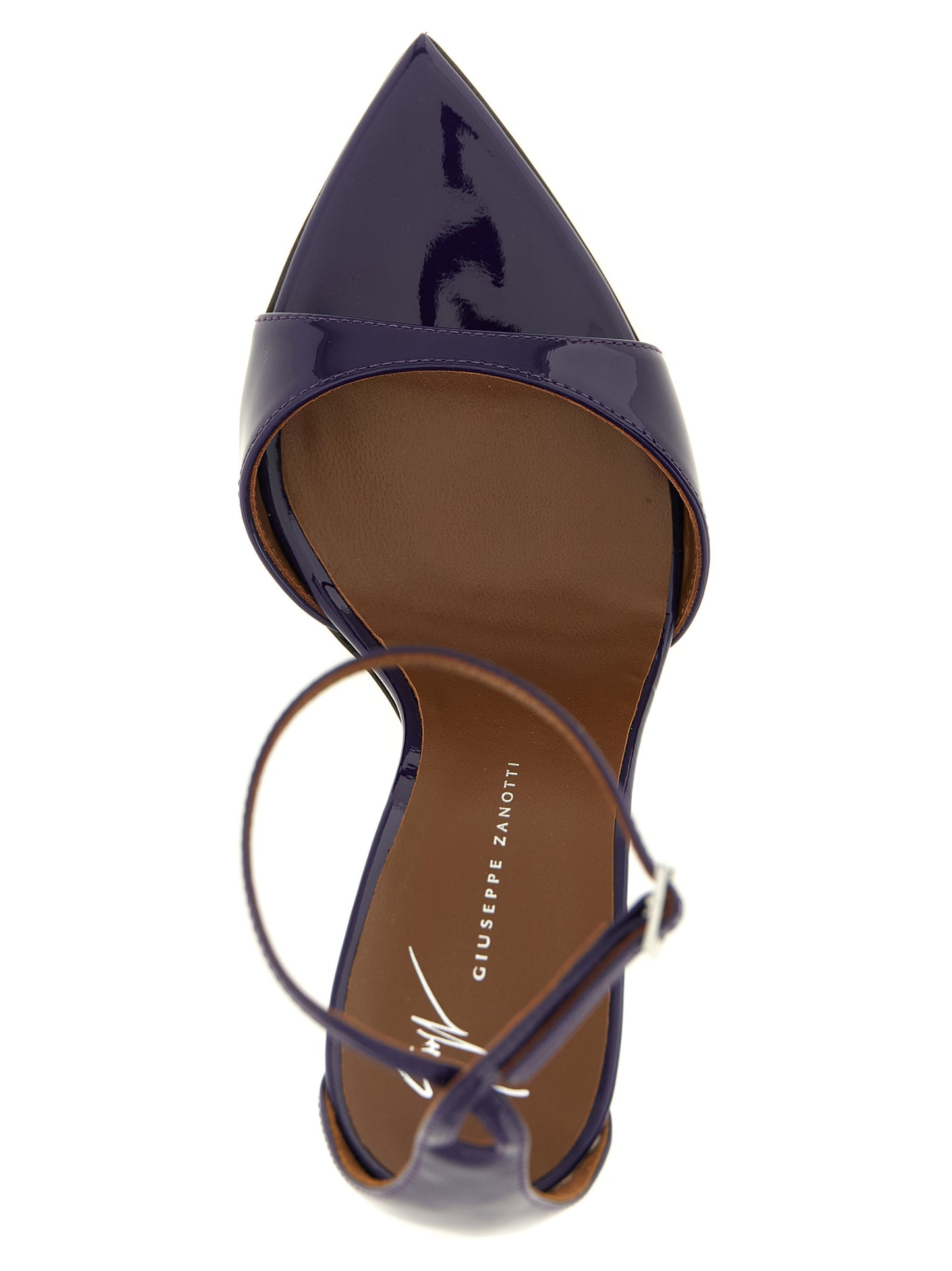 Stiletto Ankle Strap Sandals by Giuseppe Zanotti for women in calfskin leather plum, purple & silver presents a sculptural silhouette, showcasing the Women's Calfskin Leather Stiletto Ankle Strap Sandals design with a sculptural stiletto and for a premium look.