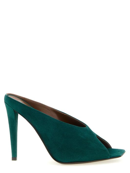 Stiletto Sandals by Giuseppe Zanotti for women in suede leather bicolour, emerald, gold, green & signature features an statuesque Women's Suede Leather Stiletto Sandals silhouette with a refined stiletto and elegant .
