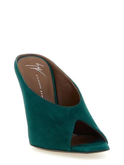 Stiletto Sandals by Giuseppe Zanotti for women in suede leather bicolour, emerald, gold, green & signature features an effortlessly chic silhouette from the Women's Suede Leather Stiletto Sandals collection, showcasing a effortlessly chic stiletto and elegant .