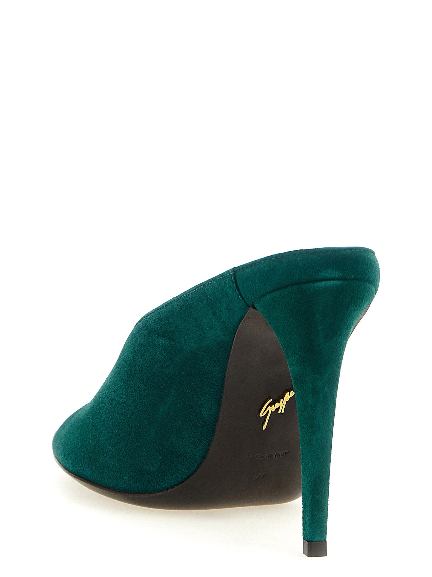 Stiletto Sandals by Giuseppe Zanotti for women in suede leather bicolour, emerald, gold, green & signature features an statuesque Women's Suede Leather Stiletto Sandals silhouette with a refined stiletto and elegant .