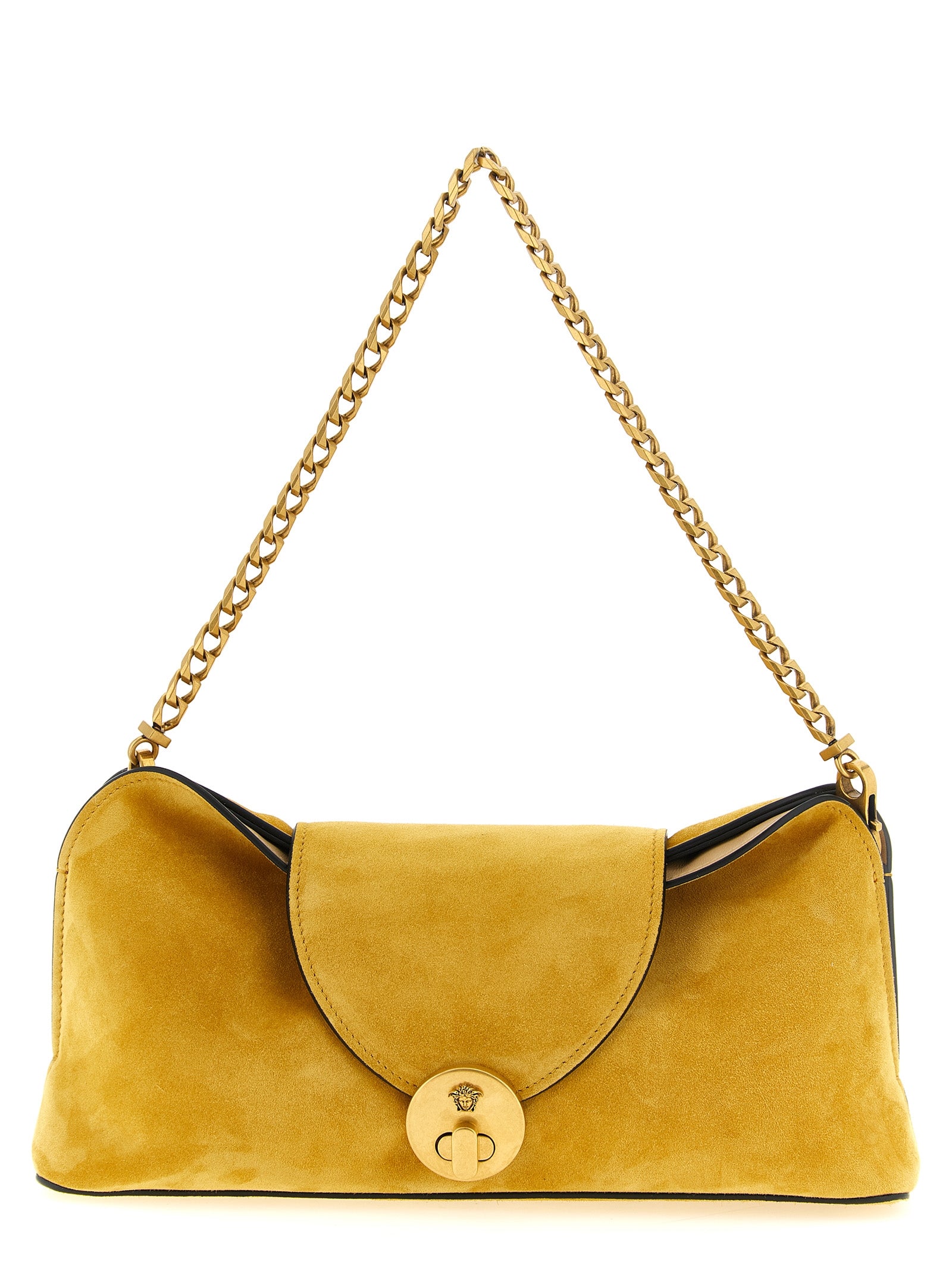 Clutch Handbag by Versace for women in bos taurus calf suede leather bicolour, yellow & signature features a sculptural silhouette with a secure zipper, ample built-in-compartments, and versatile for a sculptural finish.