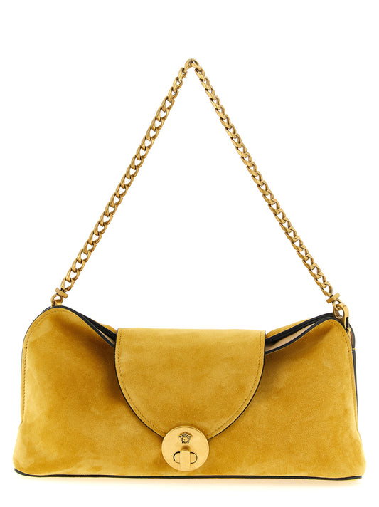 Clutch Handbag by Versace for women in bos taurus calf suede leather bicolour, yellow & signature features a sculptural silhouette with a secure zipper, ample built-in-compartments, and versatile for a sculptural finish.