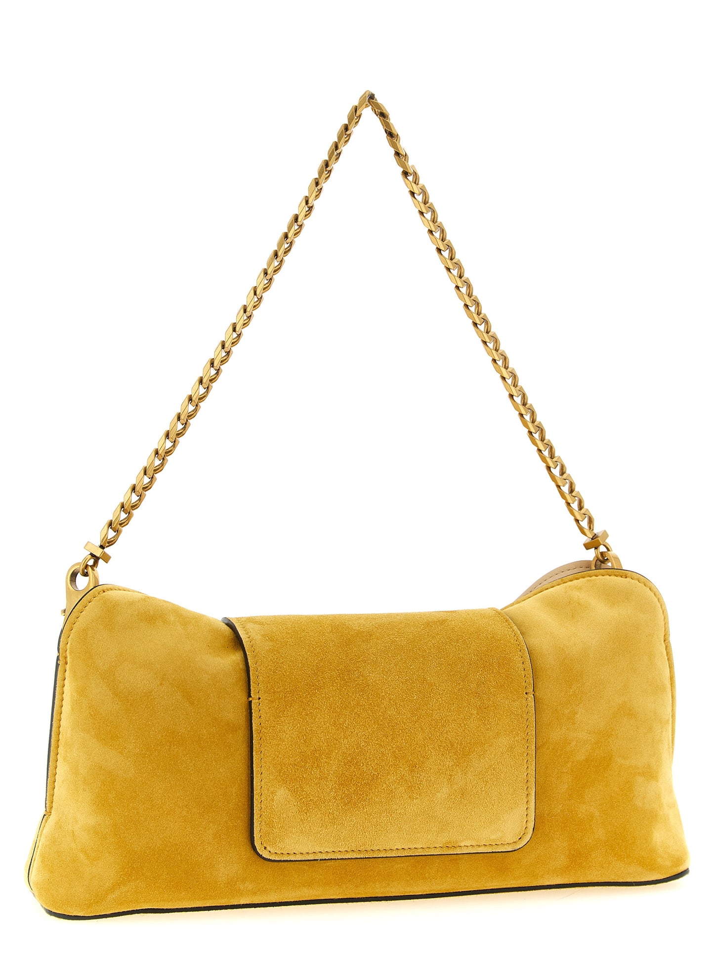 Clutch Handbag by Versace for women in bos taurus calf suede leather bicolour, yellow & signature features a statuesque silhouette, showcasing a secure zipper and organized built-in-compartments with versatile for statuesque evening wear.