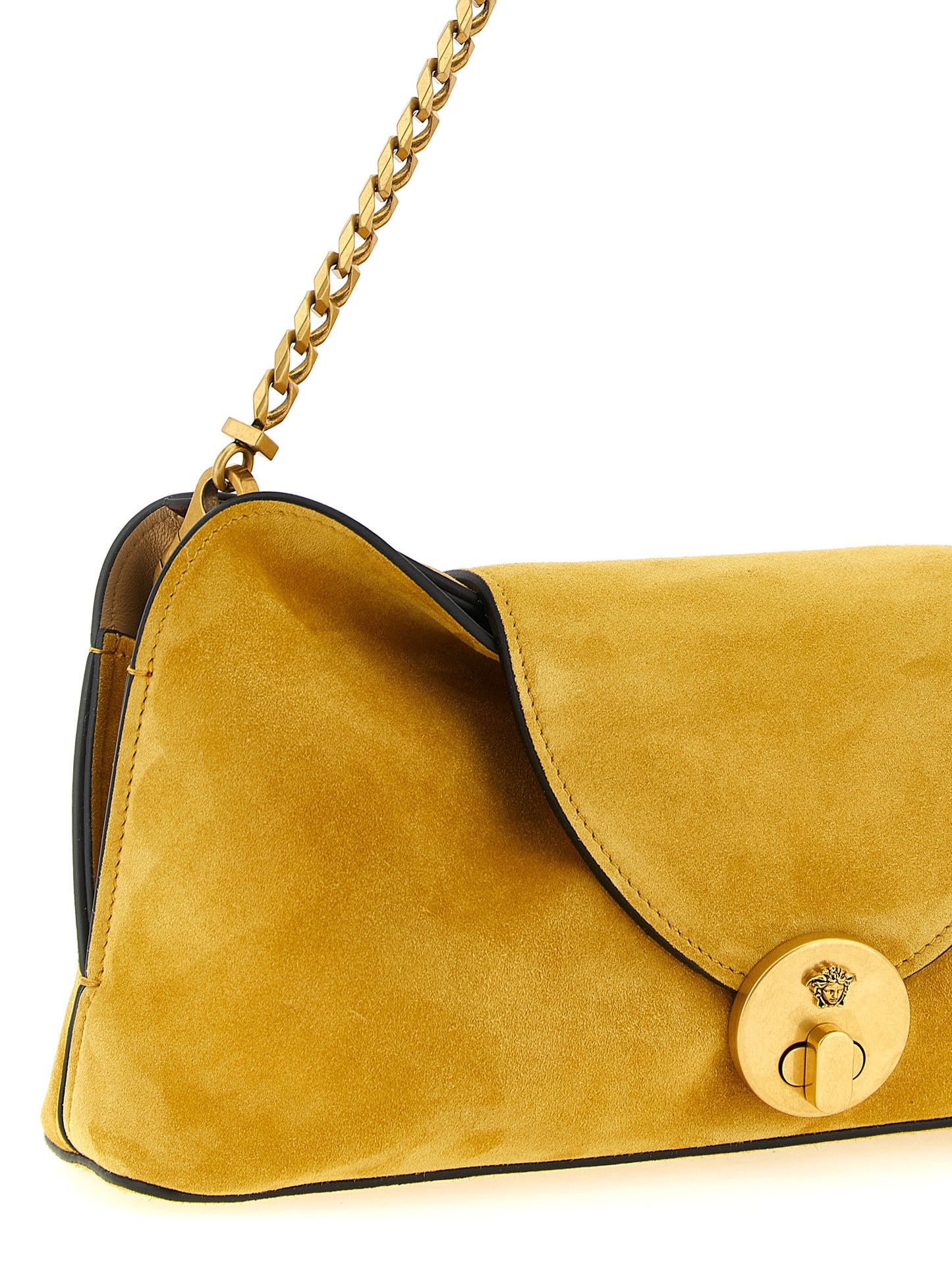Clutch Handbag by Versace for women in bos taurus calf suede leather bicolour, yellow & signature features a sculptural silhouette with a secure zipper, ample built-in-compartments, and versatile for a sculptural finish.