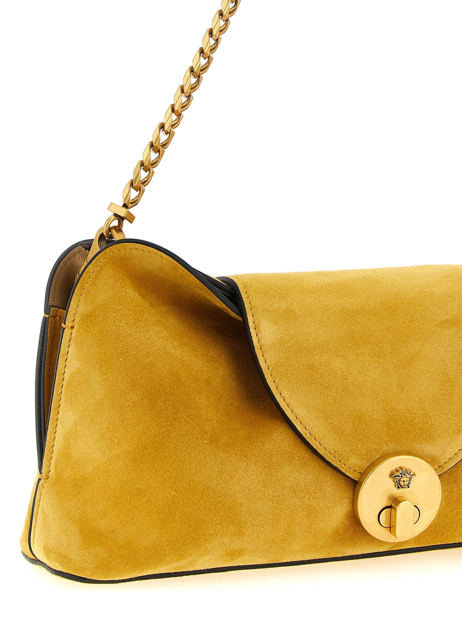 Clutch Handbag by Versace for women in bos taurus calf suede leather bicolour, yellow & signature features a sculptural silhouette with a secure zipper, ample built-in-compartments, and versatile for a sculptural finish.